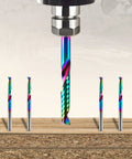 10 Pcs O Flute CNC Router Bit Set With 1/8 Inch Shank, Single Flute Upcut End Mills, shown installed in wood