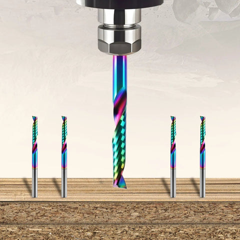 10 Pcs O Flute CNC Router Bit Set With 1/8 Inch Shank, Single Flute Upcut End Mills, shown installed in wood