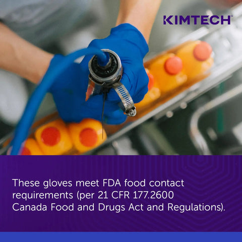 Person wearing Beaded Cuff Nitrile Exam Gloves With Textured Fingertips For Superior Grip, 4.3 Mil, Ambidextrous, 9.5 Inch, Powder Free, XS, 200 Gloves Per Box, Blue, Comfortable handling a tool over an orange conveyor belt.