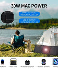 Foldable 30W Solar Panel Charger for Camping and Hiking setup by a lakeside tent with output info and compatible devices