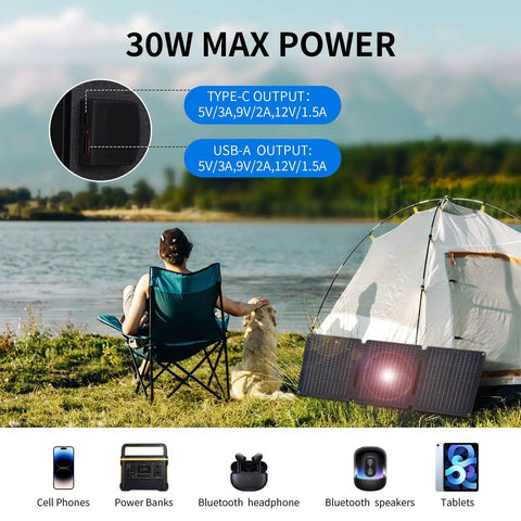 Foldable 30W Solar Panel Charger for Camping and Hiking setup by a lakeside tent with output info and compatible devices