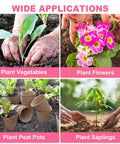 Pair Of Fourteen And A Half Inch Garden Auger Drill Bits For Planting Spiral Bulb Planter With Three Eighths Inch Hex Drive Post Hole Digger For Bedding And Rapid Digging Pink Finish applications, showing planting vegetables, flowers, peat pots, and saplings.