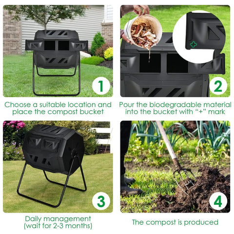 43 Gallon Composting Tumbler With Dual Chamber Design And Two Sliding Doors shown in backyard setup process