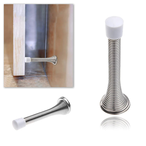 Image showing Four Pack Silver Spring Door Stopper Set, Screw In Flexible Steel With White Rubber Tips, Wall Saver That Prevents Bumps And Dents.