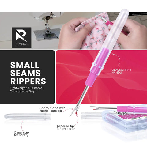All In One Handy 7 Piece Seam Ripper Kit showing small seam ripper with classic pink handle and clear cap on pink background.