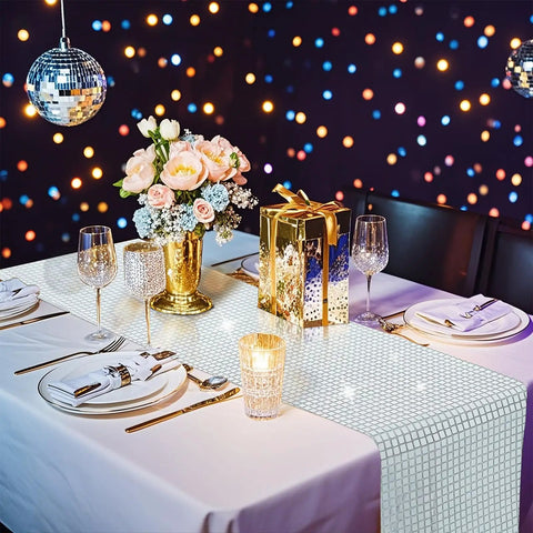 Disco Table Runner Set Of 5 Glitter Silver Sequin Runners For Party Wedding Decor 12 X 72 Inches on table with flowers and gifts