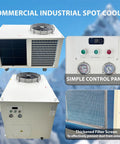 Rock Solid Industrial Air Conditioner Portable Commercial Spot Cooler 220V 61000 Btu 7200W showing simple control panel and filter screen.