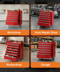 Heavy Duty Red Rolling Tool Chest On Wheels Locking Four Drawer Setup Full Extension Ball Bearing Drawers Cold Rolled Steel used in workshops, garages, and auto repair.