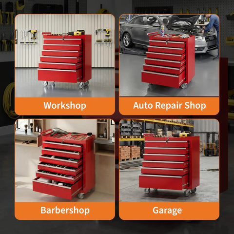 Heavy Duty Red Rolling Tool Chest On Wheels Locking Four Drawer Setup Full Extension Ball Bearing Drawers Cold Rolled Steel used in workshops, garages, and auto repair.