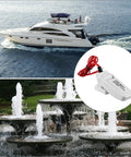 Two Pack Rugged Automatic Boat Bilge Pump Float Switch shown with yacht and fountain, featuring moisture tight seals and VDC compatibility.