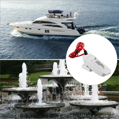 Two Pack Rugged Automatic Boat Bilge Pump Float Switch shown with yacht and fountain, featuring moisture tight seals and VDC compatibility.