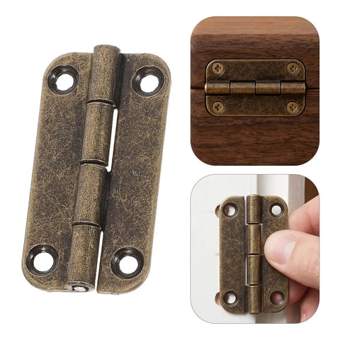 Antique Bronze Iron Hinges Set With Four Hole Vertical Mount Small Round Corner Cabinet Hinges 12 Pack 1.38 x 0.71 x 0.16 In close-up view