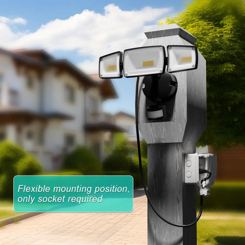 Plug In Outdoor Flood Light With Motion Sensor And Remote, 5500 Lumens, mounted on wooden post in exterior setting