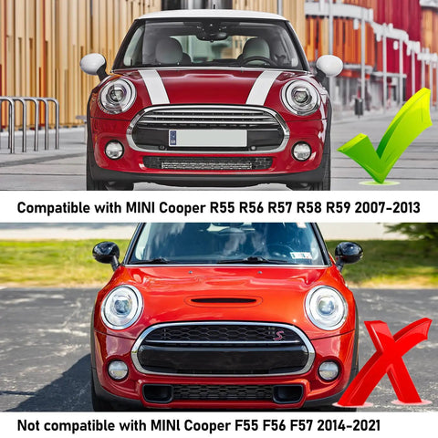 Comparison of MINI Cooper front view showing compatibility for R55 R56 R57 2007-2013 with Focus Keyword MINI Cooper Headlight Trim Ring Kit 2007-2013 R55 R56 R57 Dope Chrome Bezel Pair For Driver And Passenger Sides Headlamp Trim Replacement Fits 51137149906 51137149905