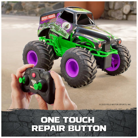 Hands holding remote controlling Grave Digger 1 15 Scale Remote Control Monster Truck For Indoor And Outdoor Play with purple tires.