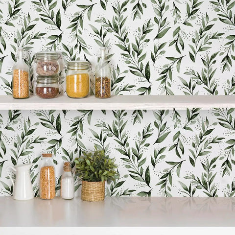Green Leaf Peel And Stick Wallpaper Floral Contact Paper Self Adhesive Removable Wall Cover showcasing tropical design on kitchen wall