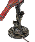 Stained Glass Bird Accent Lamp With Tiffany Style Vibe, Blue Jay Design, bronze-toned tree base with floral details visible