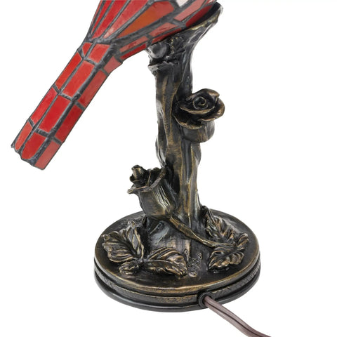 Stained Glass Bird Accent Lamp With Tiffany Style Vibe, Blue Jay Design, bronze-toned tree base with floral details visible
