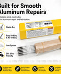 Pro-Grade Aluminum E4043 Welding Rods 1/8 Inch By 14 Inch Stick Electrodes, 1 Pound Pack, showing packaging details and benefits.