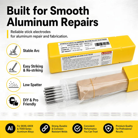 Pro-Grade Aluminum E4043 Welding Rods 1/8 Inch By 14 Inch Stick Electrodes, 1 Pound Pack, showing packaging details and benefits.