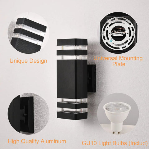 Fresh 4 Pack Outdoor Wall Lights With Up And Down Glow, Solid Black Metal Wall Sconces For Porch Patio Garage, detailed view of unique design and features.