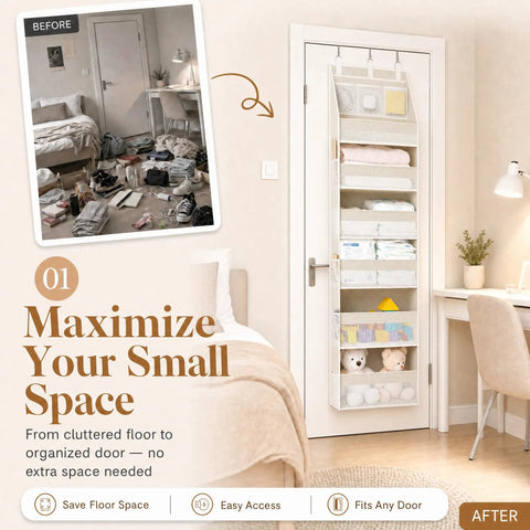 Real Deal Heavy Duty Over The Door Storage Rack With Six Tier Hanging Mesh Pockets crafted solid for efficient nursery organization.