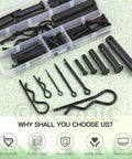 All In One 67 Piece Flat Head Cotter Pins Assortment Kit With R Clips Clevis Pins And Split Cotter Pins Stainless Steel Black Finish 11 Sizes For DIY Auto Home Improvement Projects Keadic, showing various pin sizes in a clear box