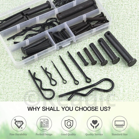 All In One 67 Piece Flat Head Cotter Pins Assortment Kit With R Clips Clevis Pins And Split Cotter Pins Stainless Steel Black Finish 11 Sizes For DIY Auto Home Improvement Projects Keadic, showing various pin sizes in a clear box