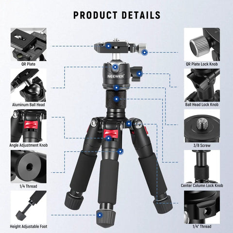 Compact Portable Travel Mini Tabletop Tripod With 360 Degree Ball Head Aluminum Desk Tripod For DSLR Cameras product details