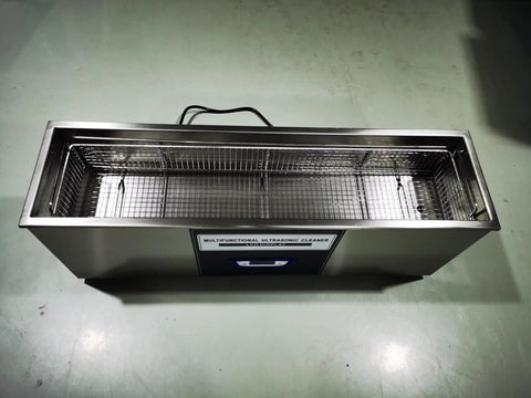 Knockout Grime Buster Heavy Duty 30L Digital Ultrasonic Cleaner With Heater And Timer top view of stainless steel body and basket.