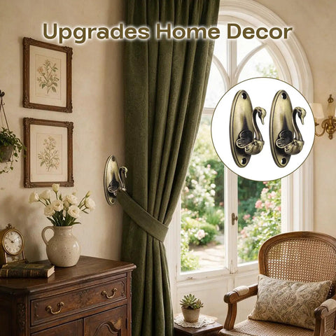 Totally Rad Vintage Swan Wall Hooks 4 Pack Bronze Coat Hooks Cottagecore Bath Home Decor, decorative swan hooks holding curtains.