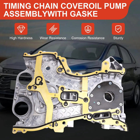 Oil Pump Assembly And Timing Chain Cover With Gasket For Chevy Cruze 2011 2015 Sonic 2012 2020 Trax 2013 2021 Buick Encore 1.4L 2013 2021 Replaces OE 25199424 displayed in front of a car.