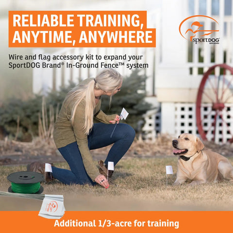 Woman using Wire And Flag Accessory Kit For In Ground Fence System And Upgrade Your Yard By One Third Acre Includes 500 Feet Of 20 Gauge Wire 50 Boundary Flags Two Wire Nuts And Waterproof Gel Filled Splice Capsules with dog on lawn