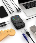 iRig Pro Duo IO USB Audio Interface Dual Channel 24 Bit With TRS Balanced Outputs and recording equipment on desk.