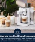 One Touch Automatic Espresso Machine With Integrated Grinder And Smart Milk Frother In Sleek White delivers coffee drinks with cold foam.