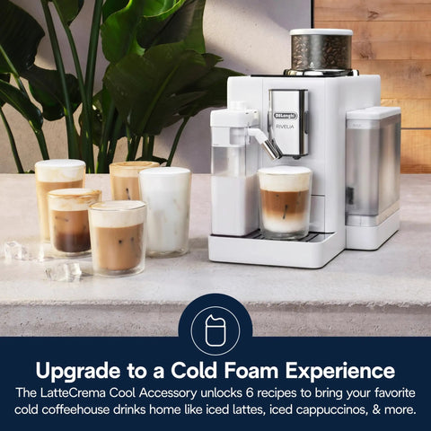 One Touch Automatic Espresso Machine With Integrated Grinder And Smart Milk Frother In Sleek White delivers coffee drinks with cold foam.