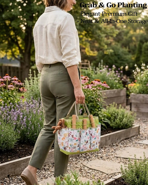 Woman carrying 11 Piece Heavy Duty Garden Tool Set With Rust Resistant Stainless Steel Tools And A Durable Stylish Tote Organizer