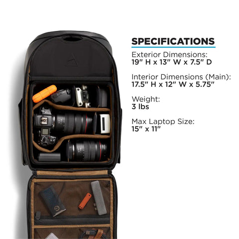 Camera Pack 25L with Ladder and Two Small Camera Cubes for DSLR Gear open showing interior storage compartments with camera equipment.