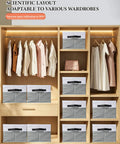 Real Deal Foldable Fabric Storage Cubes With Sturdy Reinforced Handles And Hassle Free Collapsible Closet Shelf Bins For Clothes Toys And Blankets in a closet with hanging clothes.