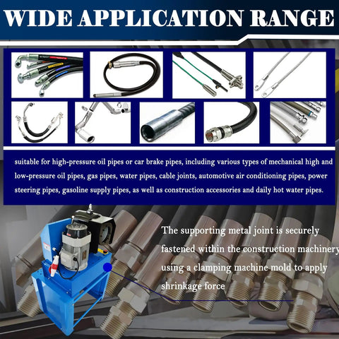 Pro Grade Electric Hydraulic Hose Crimping Machine With 13 Piece Die Set For 0.55 To 2.72 Inch Tubing includes various hose types.