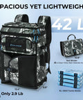 GearMaster Tackle Backpack With Bait Binder For Fishing Gear, 42L camo bag with rod holders, bait binder, and tackle boxes.