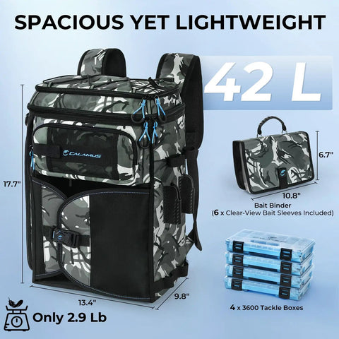 GearMaster Tackle Backpack With Bait Binder For Fishing Gear, 42L camo bag with rod holders, bait binder, and tackle boxes.