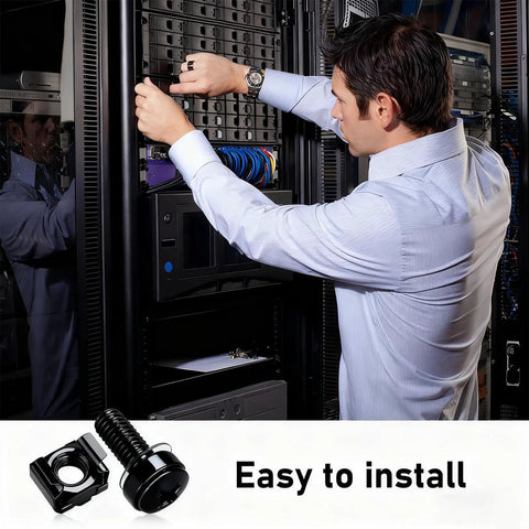 Professional Grade Rack Mount Screws And Cage Nuts Kit With Nylon Washers M6 X 20mm Carbon Steel Hardware For Server Racks Network Cabinets Built Like A Tank Dead Simple Install, shown in use by technician.
