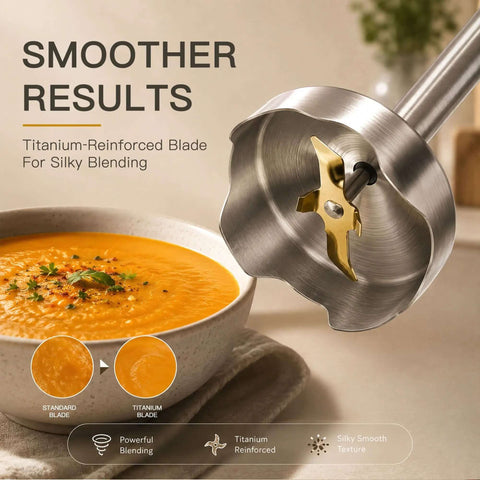 Kickin Eight Hundred Watt 5 In 1 Hand Blender With Titanium Blades And 12 Speed Settings For Smooth Soups, Baby Food And Creamy Whisks close-up of titanium blade over bowl of soup.