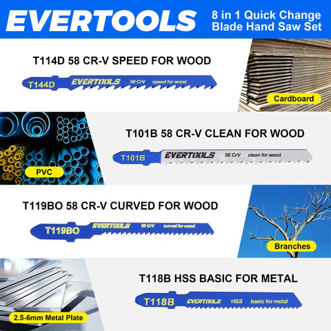 All In One 8 In 1 Quick Change Hand Saw Kit With Cr V And HSS Blades for cutting cardboard, PVC, branches, and metal plate