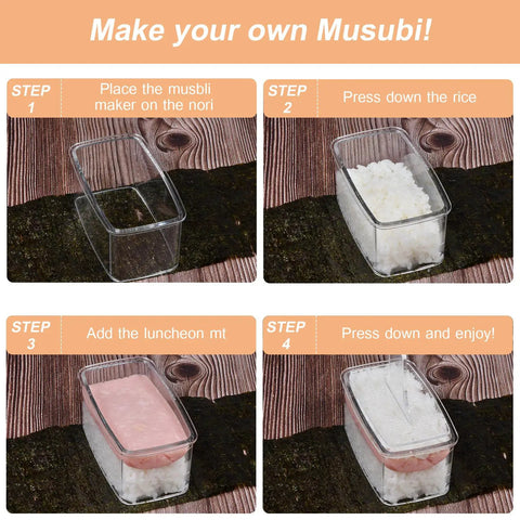 Step-by-step guide to using Three Piece Clear Musubi Maker Kit With Luncheon Meat Slicer Non Stick Onigiri Press Mold BPA Free Sushi Mold.