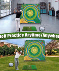 Indoor and outdoor view of Ultra Large 70x70 Inch Golf Chipping Net For Backyard Practice with golfer swinging a club