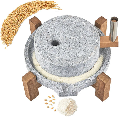 Manual Stone Grain Mill For Dry And Wet Grinding, Granite Stone Grinder With Stable Wood Base in kitchen setting