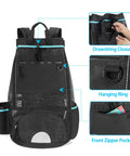 XL Scuba Dive Backpack With Wet Dry Separation And Large Mesh Gear Bag For Snorkeling Gear Mask Fins Snorkel Shoe Compartment Wetsuit BCD Dry Storage Easy Access Black showing drawstring closure, hanging ring, and front zipper pocket with a travel brochure.