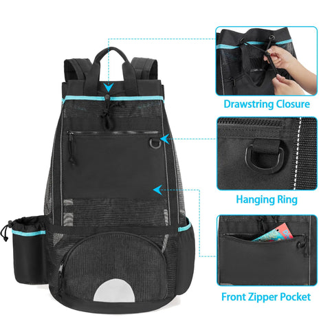 XL Scuba Dive Backpack With Wet Dry Separation And Large Mesh Gear Bag For Snorkeling Gear Mask Fins Snorkel Shoe Compartment Wetsuit BCD Dry Storage Easy Access Black showing drawstring closure, hanging ring, and front zipper pocket with a travel brochure.